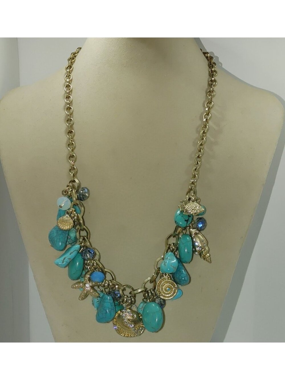 Necklace Nautical Shell Starfish Chunky Teal Stone Gold Tone Adjustable Lyedell